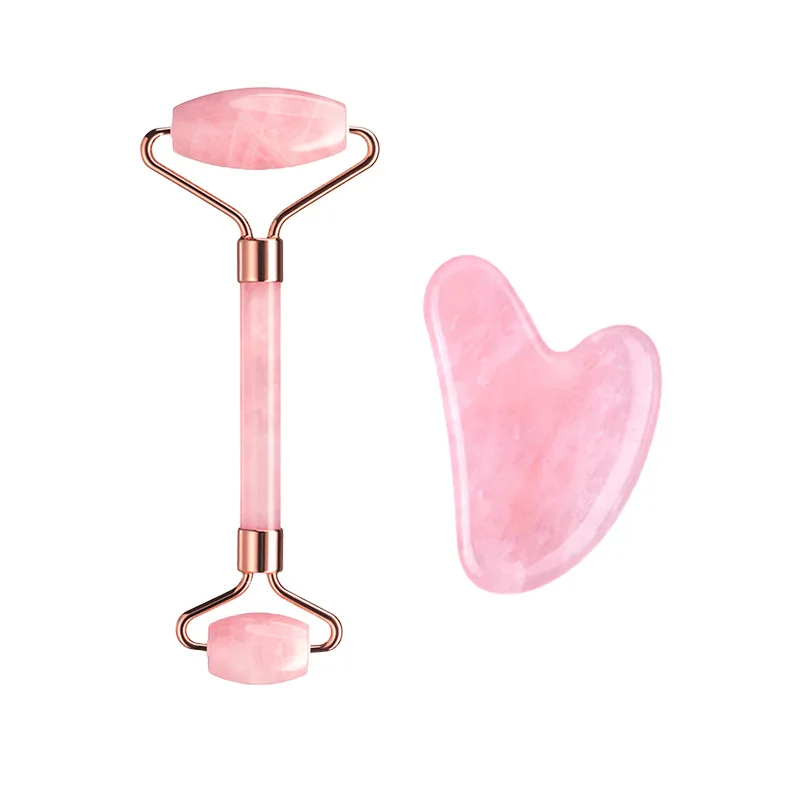 Rosenquarz Gesichtsroller Gua Sha Massagegerät Set Kristallstein Guasha Gesichtspflege-Tool Schabewerkzeug Set