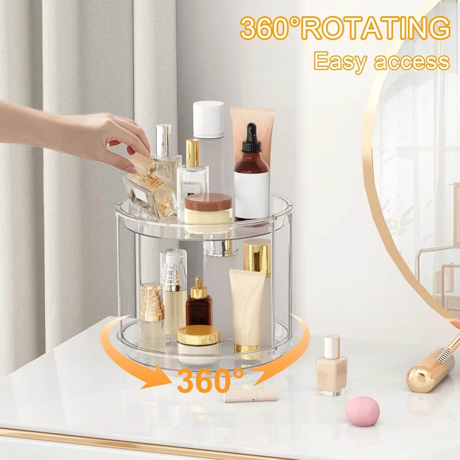 360° Rotating 2-Tier Makeup & Skincare Organizer – Clear Spinning Vanity Tray, Lazy Susan for Bathroom, Dresser & Kitchen.