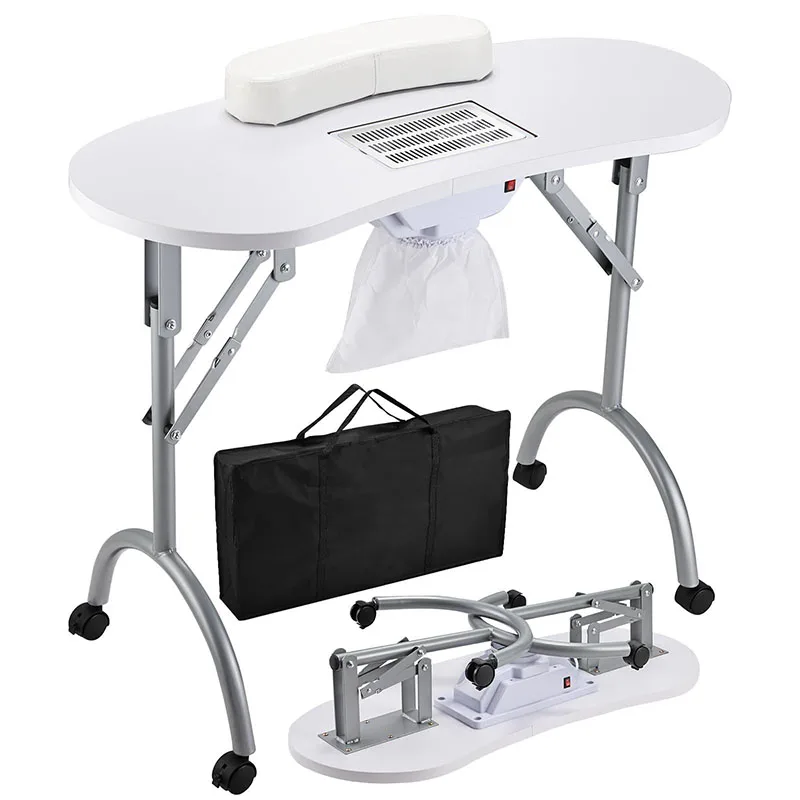 Foldable Manicure Table with Dust Collector Portable Nail Desk with Wrist Rest Wheels Carry Bag for Nail Tech Salon Home