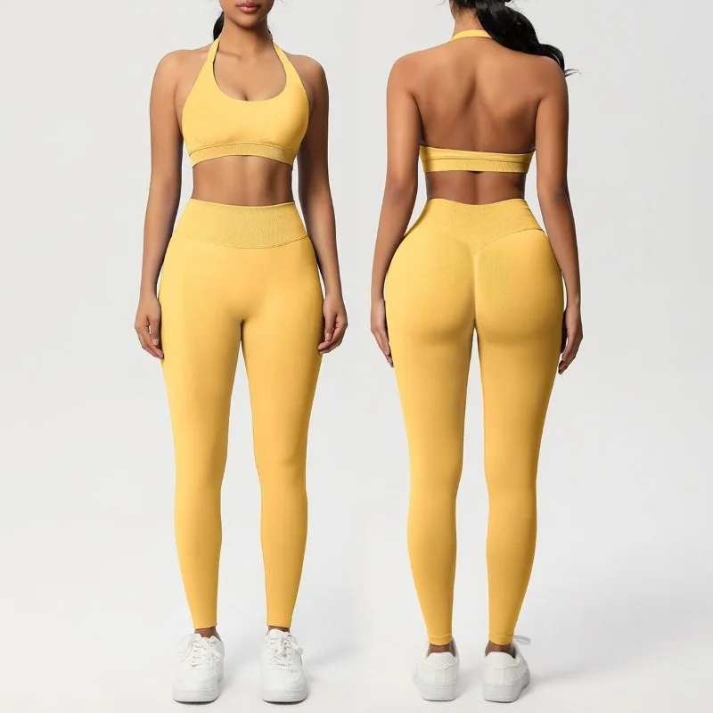 

Women's New Seamless Yoga Set Solid Color Neck Hanging and Beautiful Back Sports Bra Set Tight Fitting Hip Lifting Fitness Suit