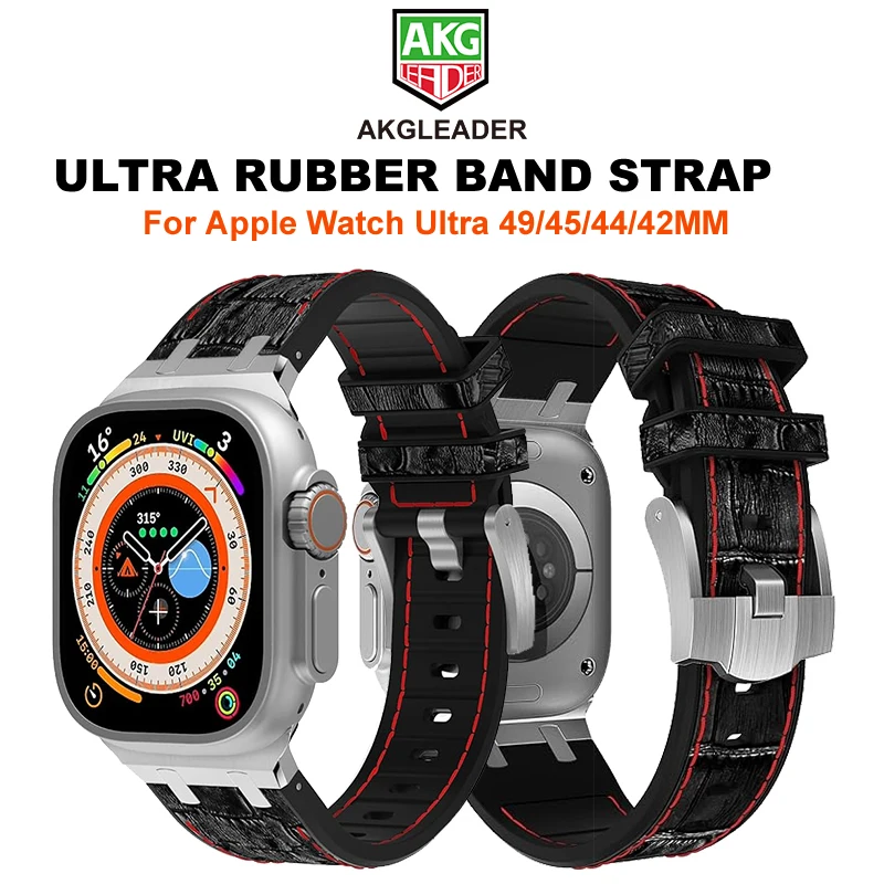 

AKGLEADER Rubber Band For Apple Watch Ultra 49/45/44/42mm Crocodile Pattern Leather Strap For iWatch Series 49 45 44mm Bracelet