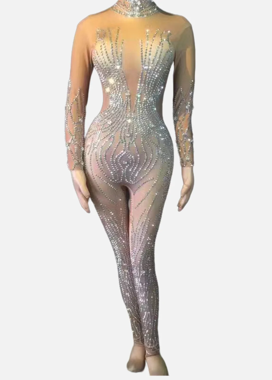 

Bling Silver Rhinestones Nude Sequin JumpsuitSexy Club Bar Dance costume Rompers WomenJumpsuit Prom Birthday Party Outfits B129