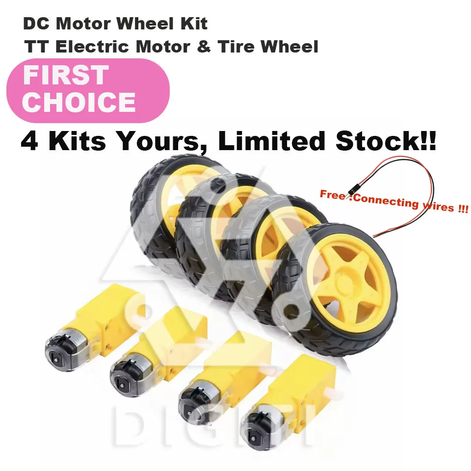

4 Kits TT Motor DC 3-6V Gearbox Motor Dual Shaft 200RPM Ratio 1:48 Motor with Tire Wheel Kit for Arduino DIY Smart Car Robot