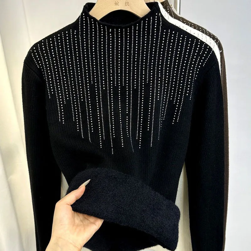 New Autumn and Winter Fashion Hot Diamond One Piece Plush Thickened Half High Neck Loose Versatile Western Style Women's Sweater