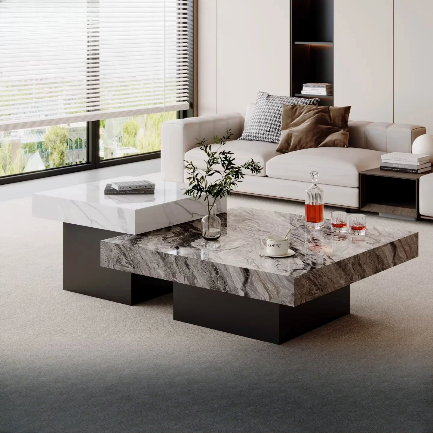 

Italian minimalist rock slab coffee table light luxury high-end living room household small apartment high and low square coffee