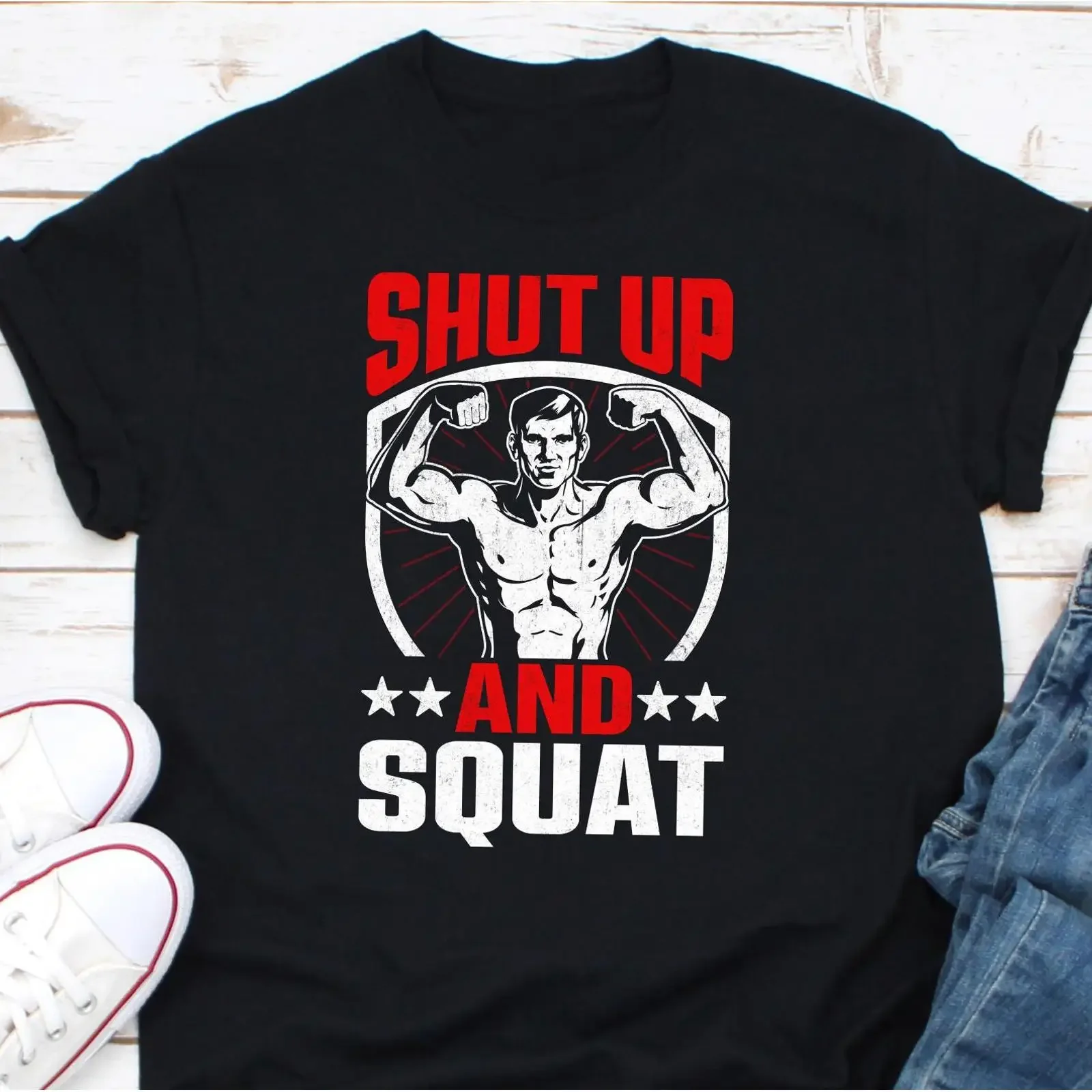 Shut Up And Squat Funny T Shirt Workout Motivational Training Fitness for Women Personal Trainer vintage Washed graphic Casual