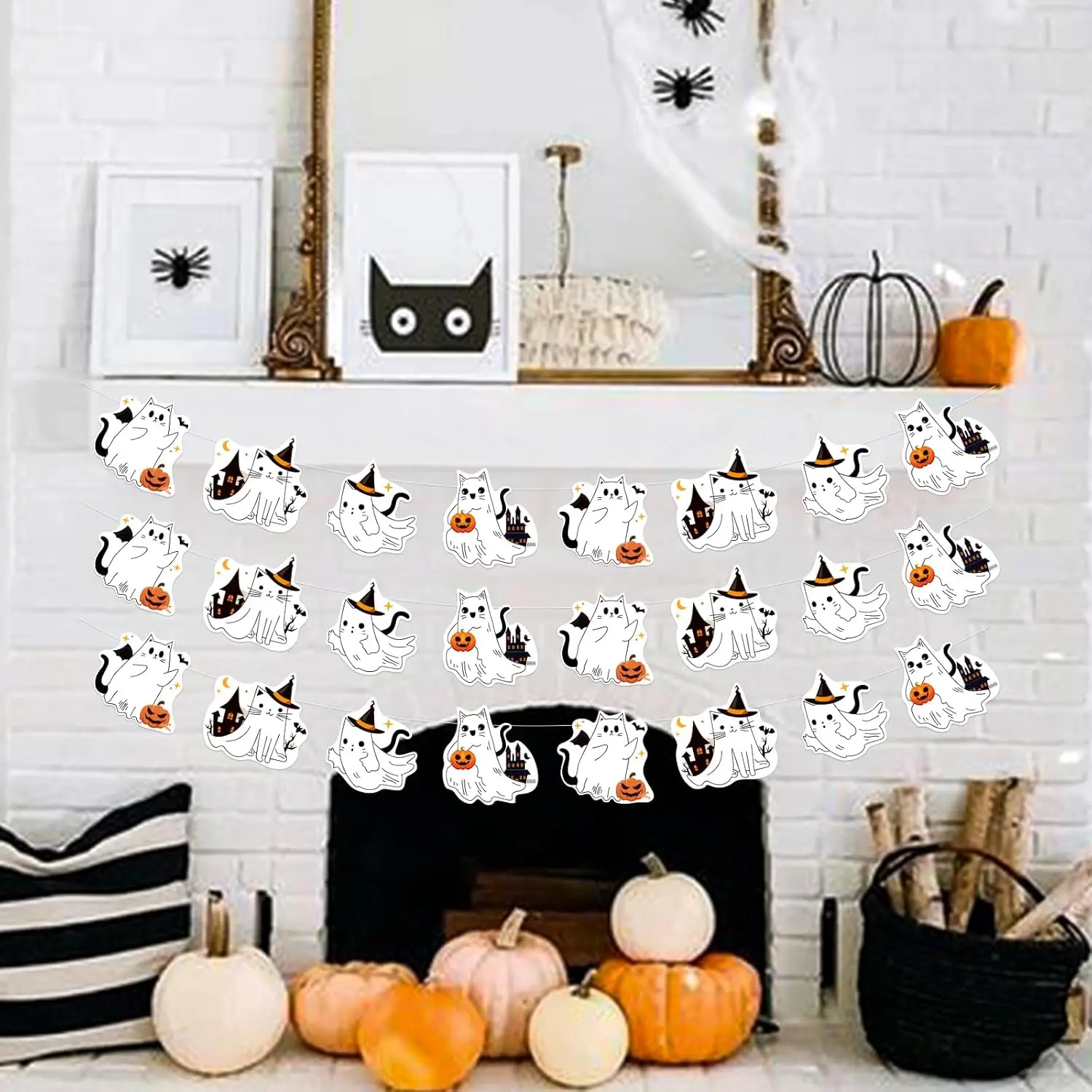 Kreat4joy 3pcs Halloween Banner Garland Decorations, Baby Shower Decorations Cat Ghost Banner Garland for Birthday Spooky Party