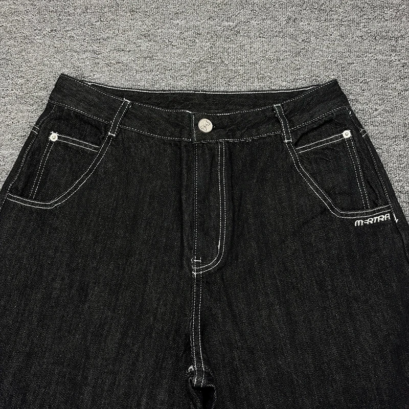 Mertre Baggy Denim Jeans Men Butterfly Outline Embroidery Back Pocket Contrast Stitch