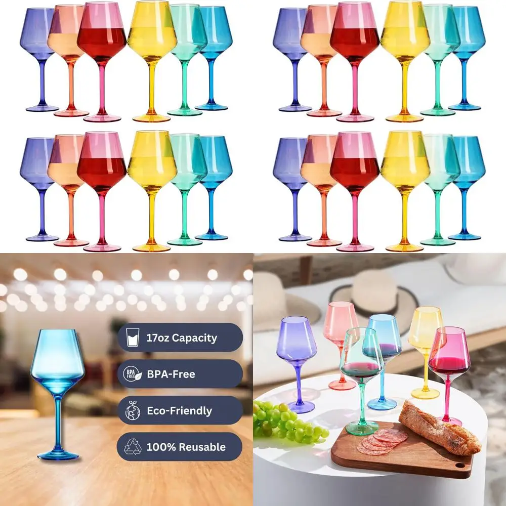 

Set of 12 European-Style Shatterproof Acrylic Wine Glasses, Bright Colors, BPA-Free, 17oz, Ideal for Outdoors & Indoors, Hand Wa