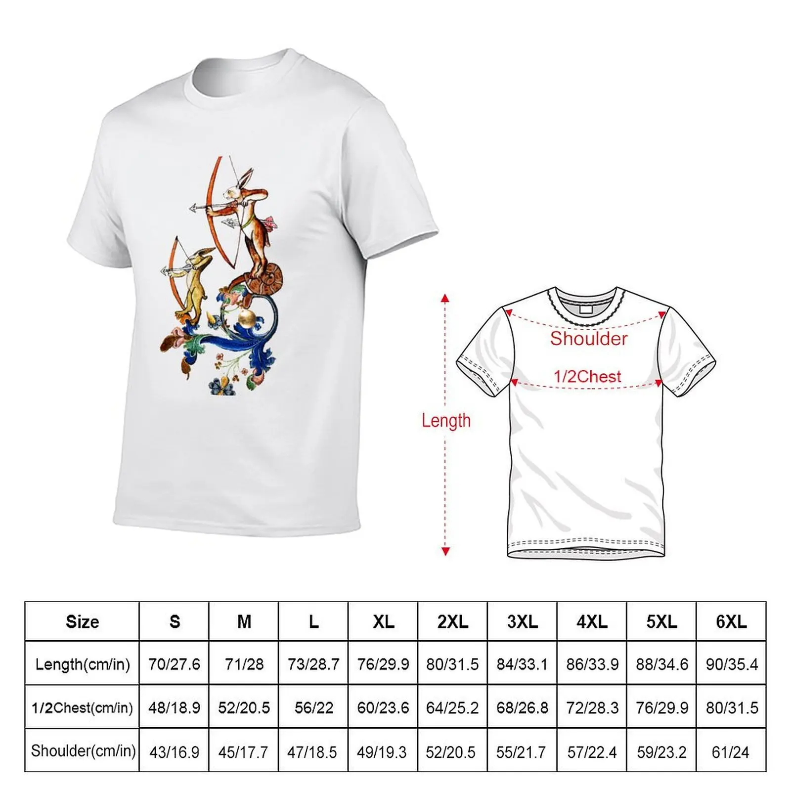 WEIRD MEDIEVAL BESTIARY, ARCHER RABBITS ON FLORAL SWIRLS T-Shirt vintage graphic tee man t shirt mens clothing