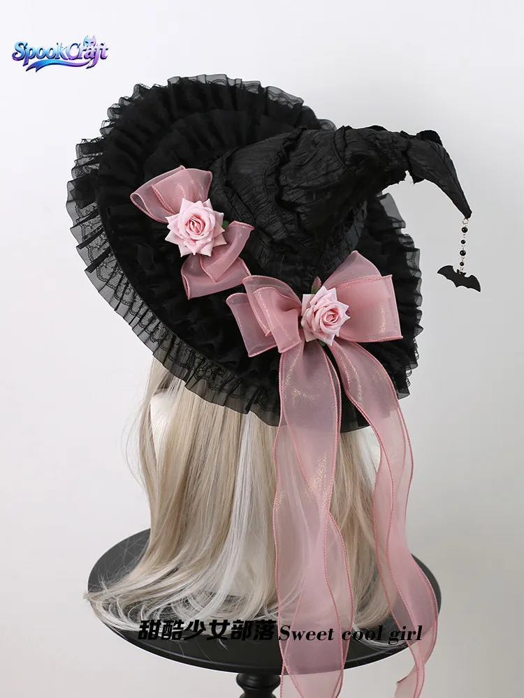 

New Arrival Gothic Dark Lace Wide Brim Witch Hat Women Halloween Cos Headwear Carnival Party Role Play Costume Accessory Prop