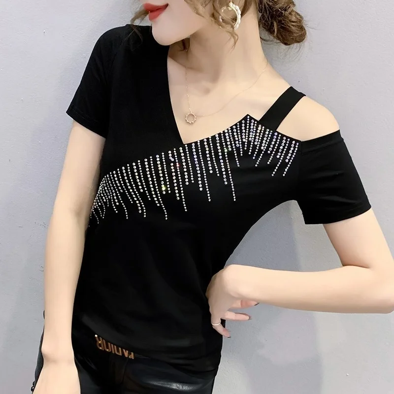 

#5132 Female T Shirt Sexy Off Shoulder T Shirt Women V-Neck Sexy Cotton Skinny Short Sleeve T Shirt Diamonds Black Red Summer