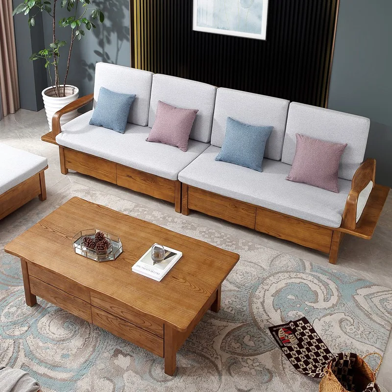 Nordic ash wood solid wood winter and summer storage sofa, three-person four-person Japanese-style log large-board drawer sofa