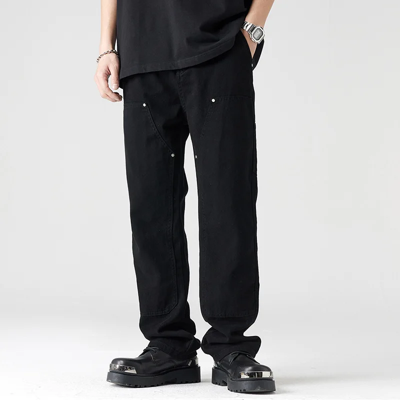 أزياء رجالية أمريكية جديدة بلون سادة غير رسمية عصرية فضفاضة مستقيمة مقسمة سراويل عالية الشارع ملابس خروج للرجال
