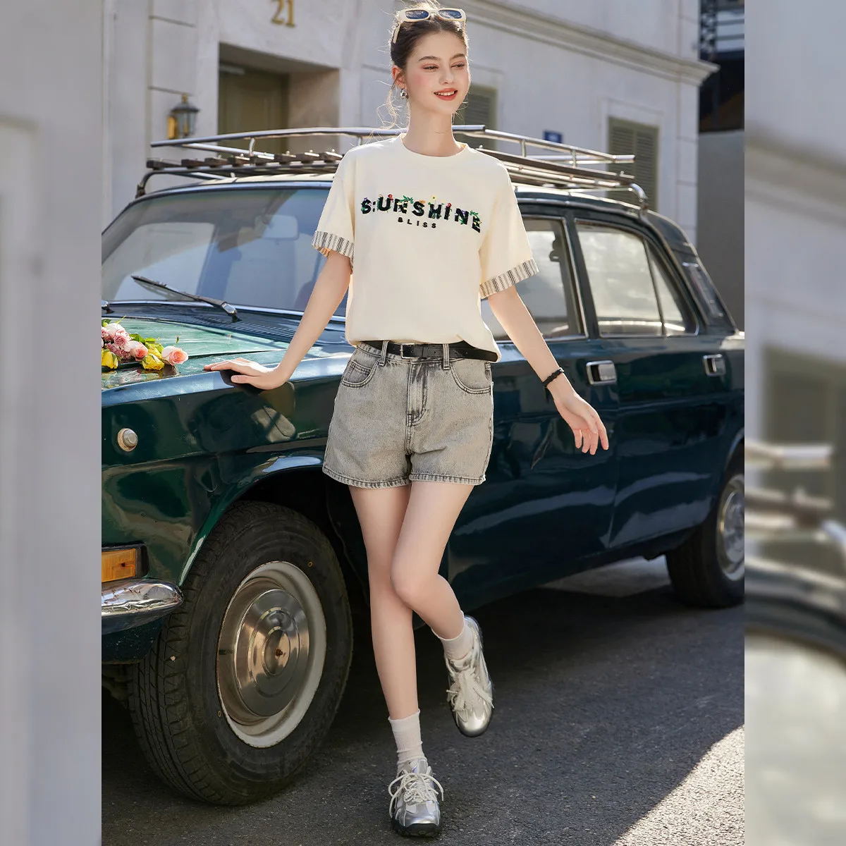 LOUISYAO 2026 Spring Summer Women Cotton T-Shirt Fun Youthful Patchwork Letter Towel Embroidery Design Sense Loose Fit Top