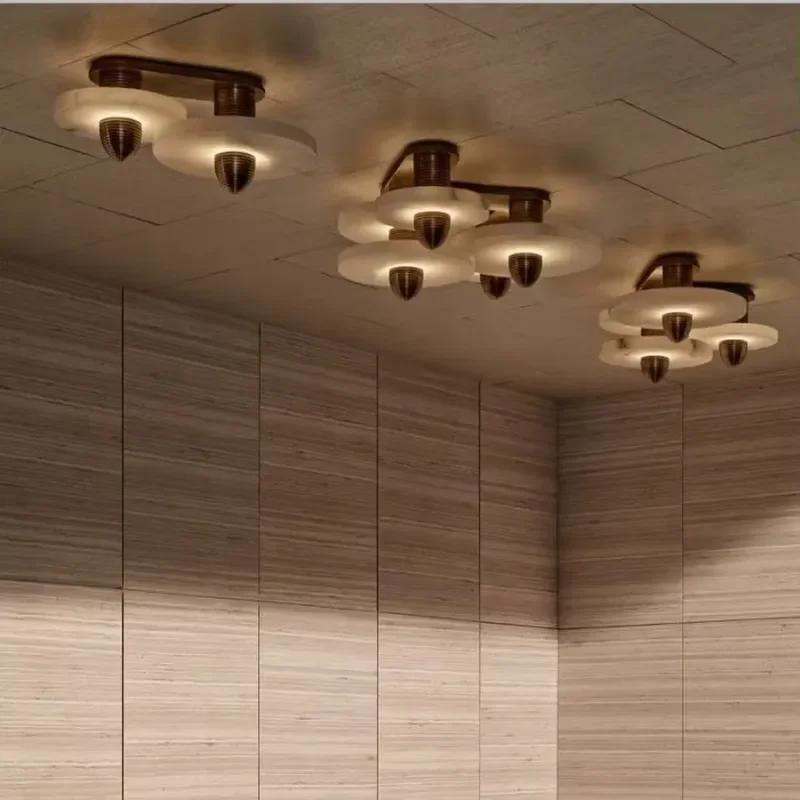 Nordic Brass Ceiling Light Round Alabaster Fixture Modern Decorative Lamp for Hotel Bedroom Dining Room Interior Design