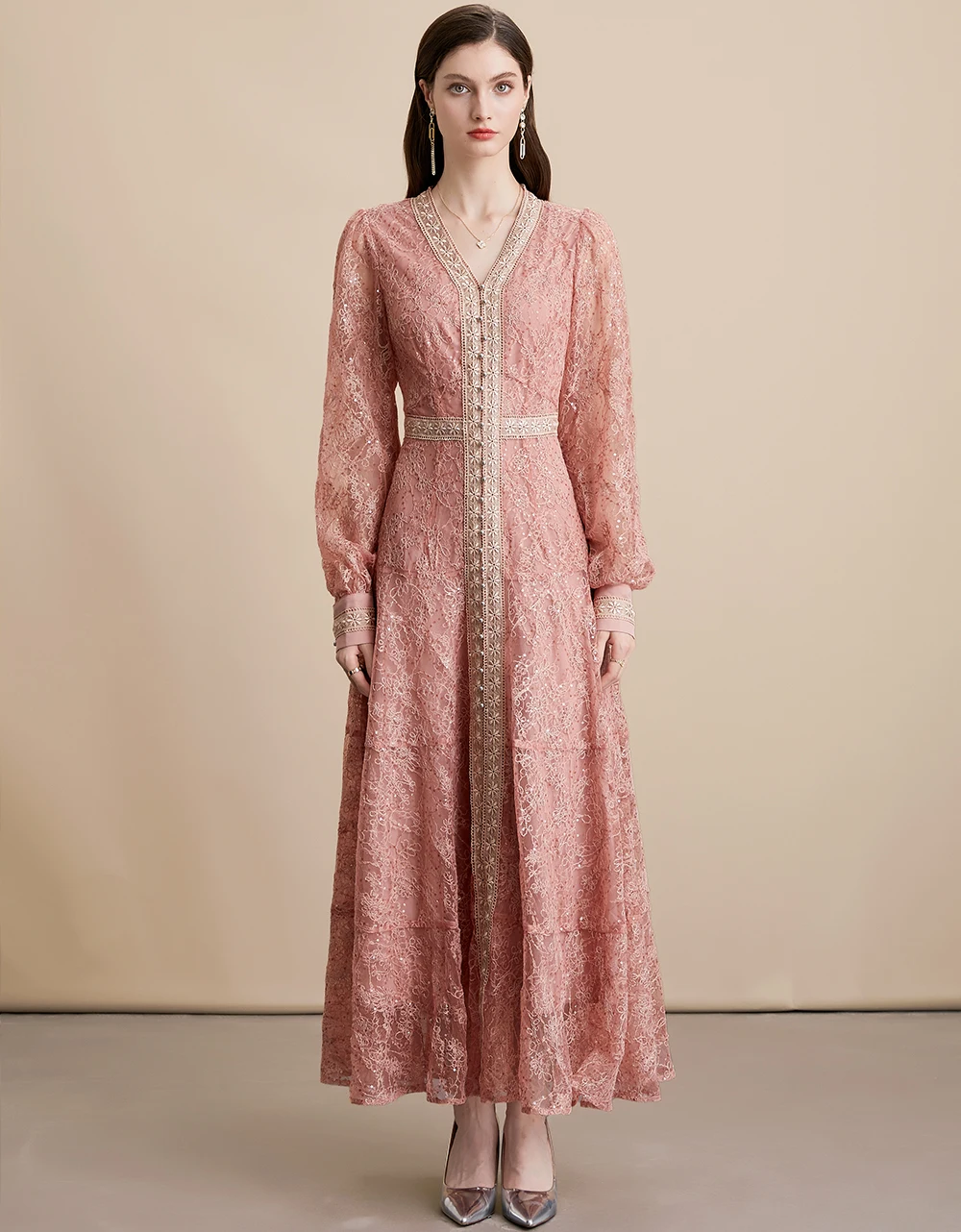 Vestidos largos elegantes de encaje para fiesta de graduación para mujer, vestido bordado de cintura alta con cuello en V y manga acampanada, moda femenina