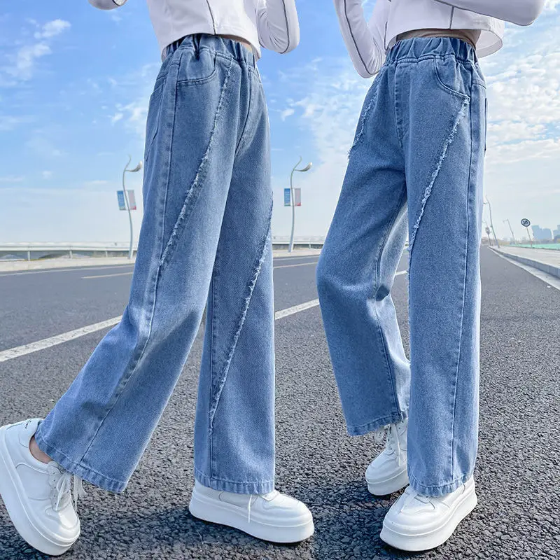 IENENS High Waist Jeans Girl Straight Loose Wide-leg Pants Spring and Autumn Korean Baggy Jeans Fashion Kids Denim Trousers