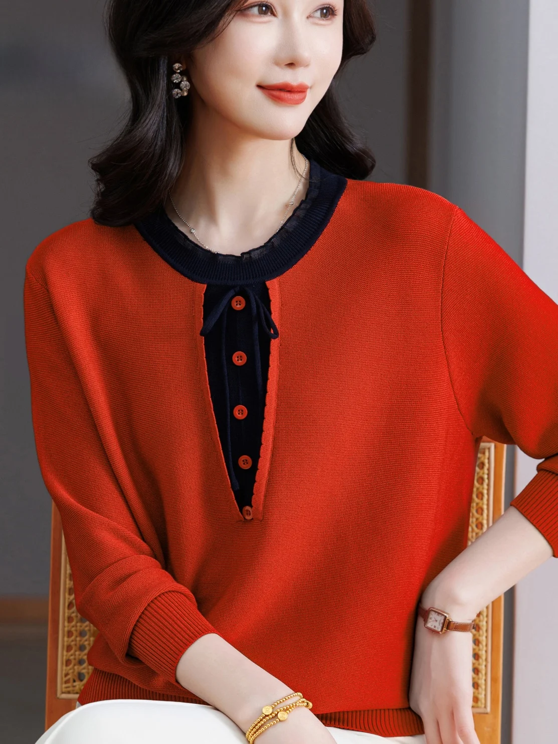 

Spring Autumn Knot Fake Two-Piece Knitted Sweater Women's round Ne Button Loose Thin Mom's Faion ly Wear