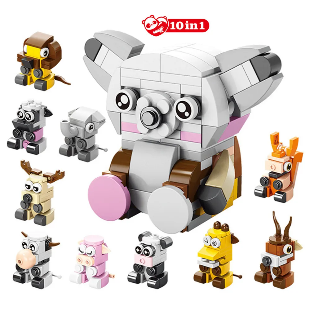 City Creativity Animal World Insect Fish Panda Dinosaur Rabbit Elephant 10 In 1 Building Block MOC Model DIY Bricks Kids Toys