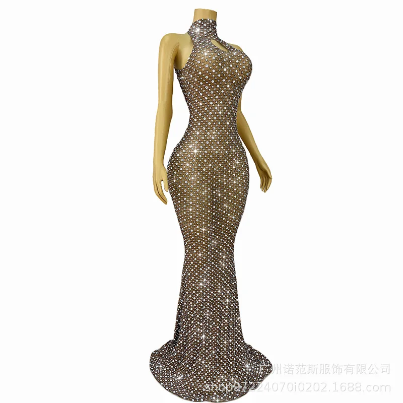 Luxury Rhinestone Elegant Brown Trailing Dress Banquet Host Performance Clothes Model Catwalk Trendy Clothes Vestido Para Igreja
