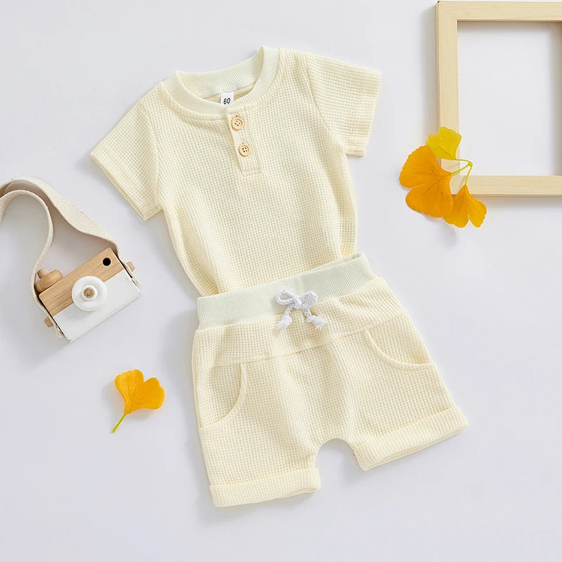 

Baby Boys Summer Shorts Sets Short Sleeve Button Up Waffle Romper and Casual Shorts Sets