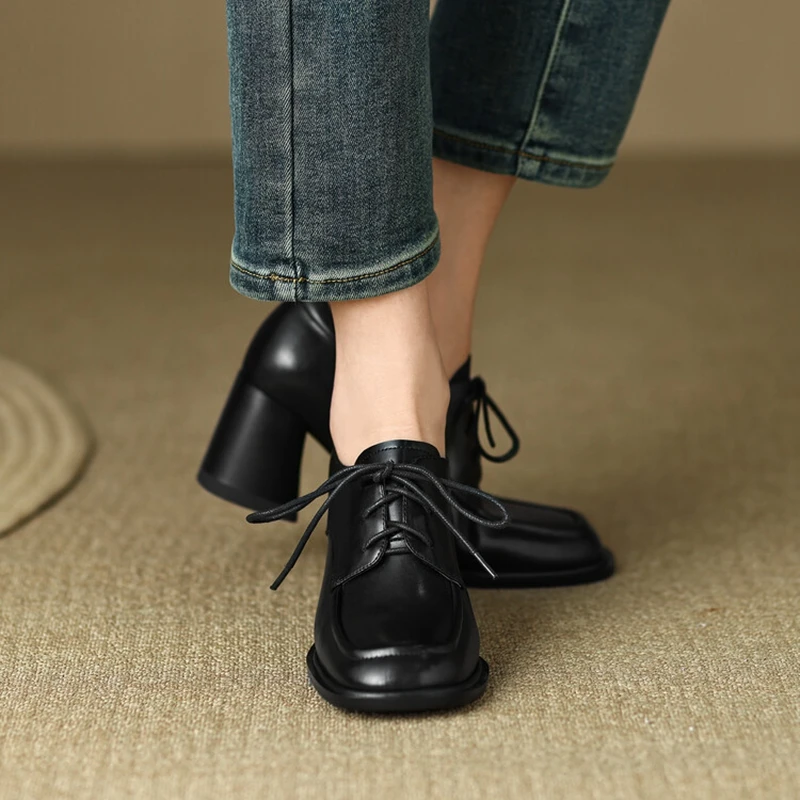 2023 Spring Women Loafers Split Leather Pumps Women Round Toe Square Heel Women Shoes Casual High Heel Shoes Women Lace-up Shoes