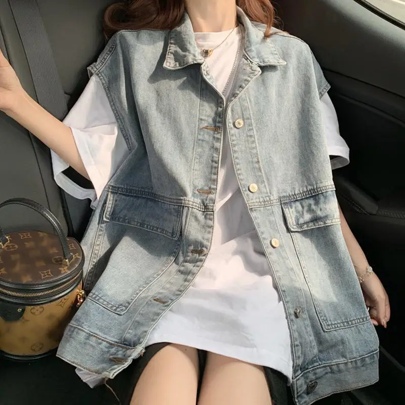 

Vests Women Trendy Denim Ulzzang Solid Minimalist Single Breasted Basic Teens Harajuku Popular Simple Loose Cozy Bf College New