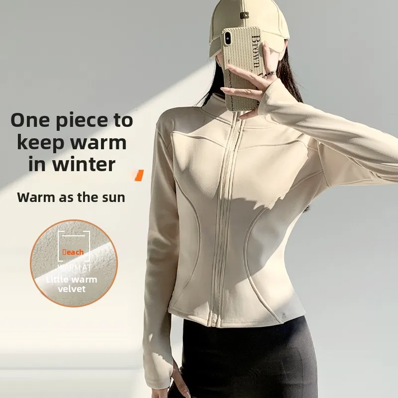 Women's Fleece Lined Yoga Coat Winter Running Cycling Jacket Athletic Zipper Long Sleeve Slim Fit Top