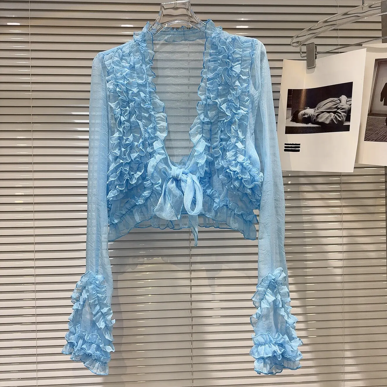 Spring Autumn Blue Fashion Wrinkled Lace Trim Mesh Top Female Perspective Long Sleeves Slim Short Coat Women