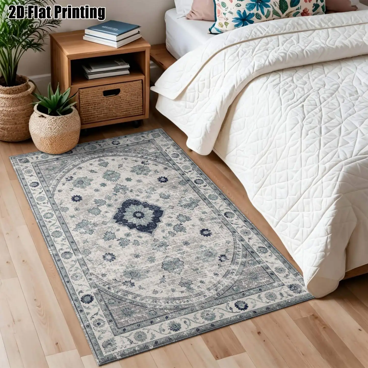 1Pc 2D Printed Carpet with Blue-Gray Retro Floral Pattern, European-Style Home Decor Rug, Multi-Size, Machine Washable, for Entryway, Dining Room, Foyer, Study, Living Room, Bedroom