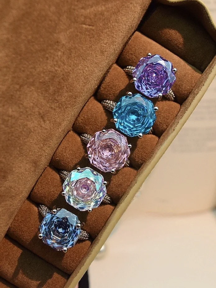 Heavyweight Explosion Fla Octagonal Millennium Rose Cut Sea Blue Diamond Ring Faionable Een Purple Finger Ring Jewelry