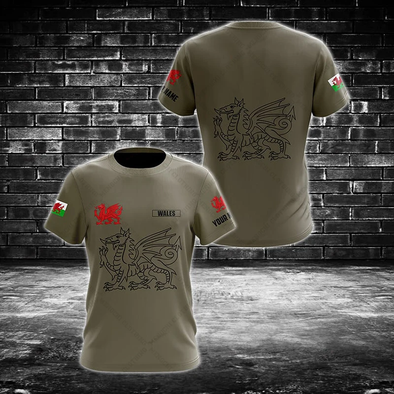 Custom Name Summer Casual Wales Symbol Graphic Camouflage T-shirts Men's Fashion Jersey Short Sleeve Tops Outdoor Sportswear