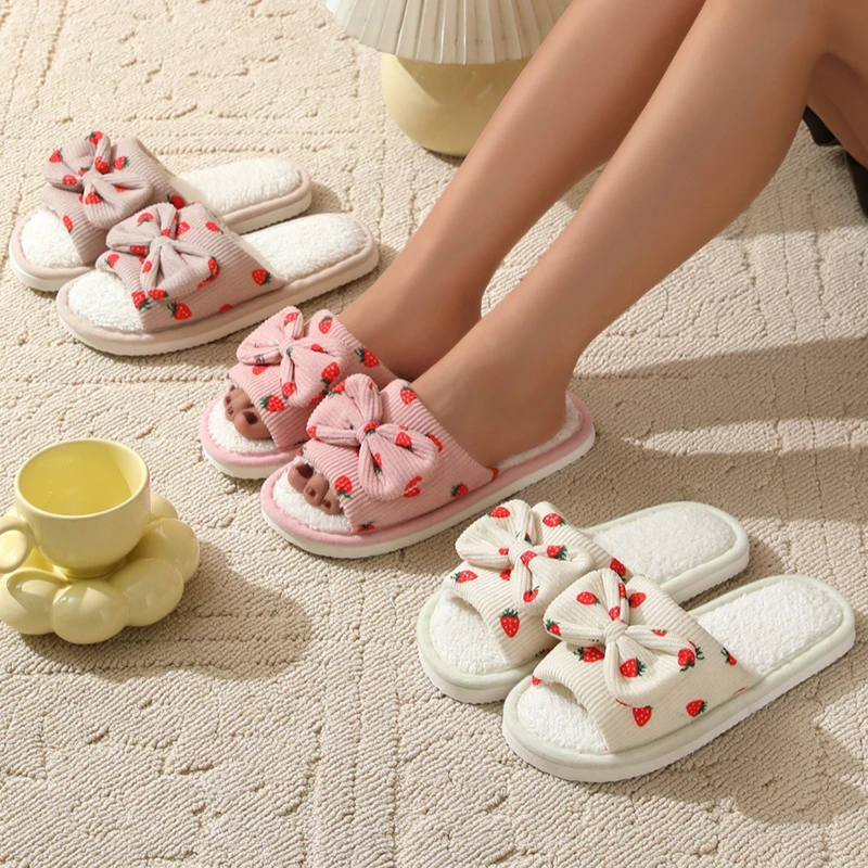 Cute Strawberry Bowknot Home Slippers for Women Lightweight Flat Plush Warm Shoes Woman Winter Comfort Non Slip Indoor Slippers