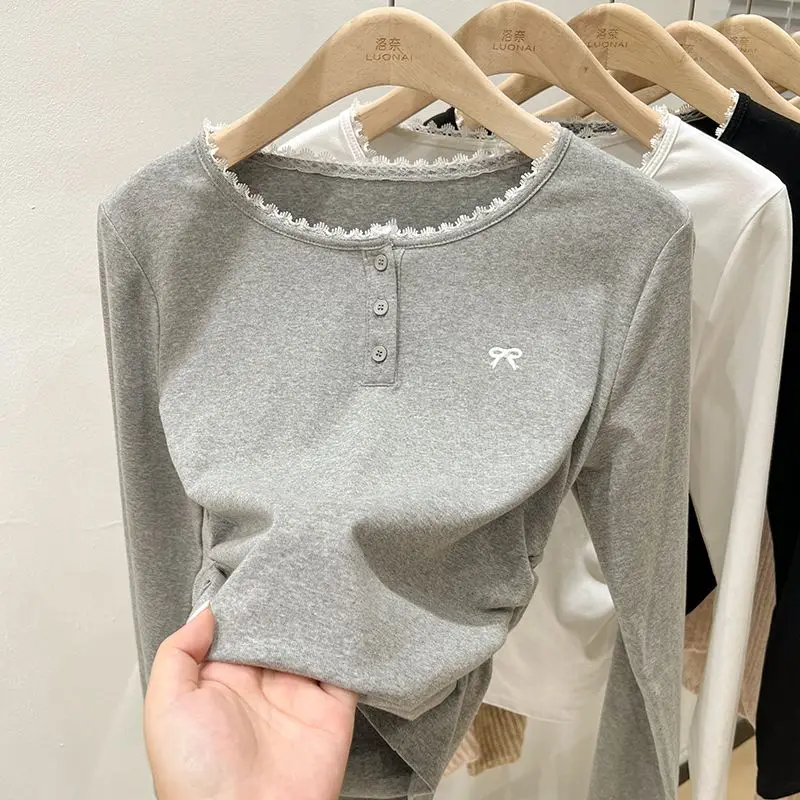 Girls Lace Splice Half Open Collar Long Sleeve T Shirt 2026 New Arrival Spring Autumn Kids Base Shirt Top