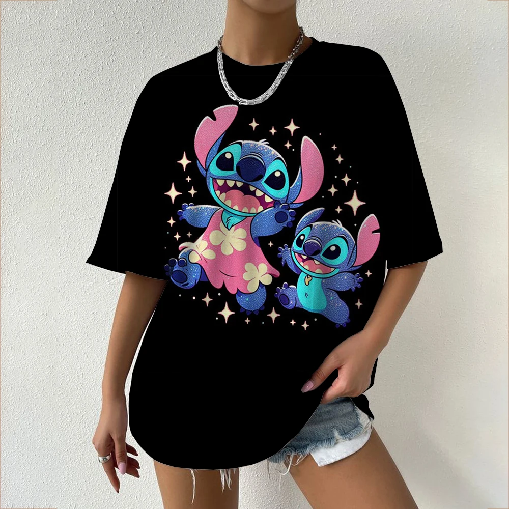 

Женская футболка Disney Stitch, летняя повседневная футболка с короткими рукавами и блестящими звездами, милый мультяшный графический принт, свободный крой, удобный топ