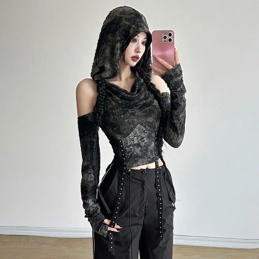 

Beauty Hollow Out Hooded Top Long Sleeve Black Off-the-shoulder Shirt Slim Cut Rivet Cutout Cold Shoulder Shirt Garment