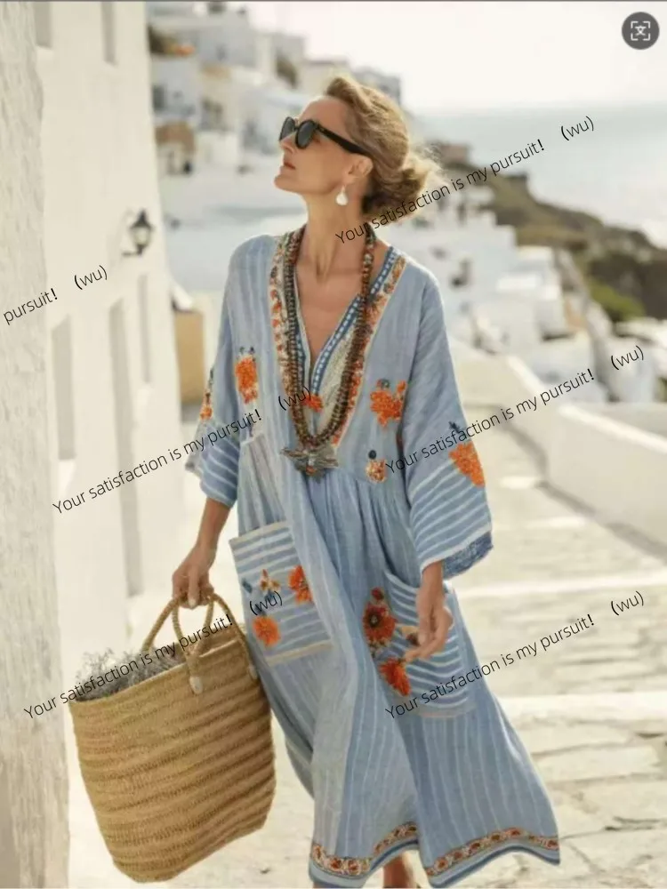 Neue Sommer Große-größe Gestreiften Druck Lange Große-speichen V-ausschnitt Kleid Modische Beiläufige Lose Elegante Tasche Kleid Frauen