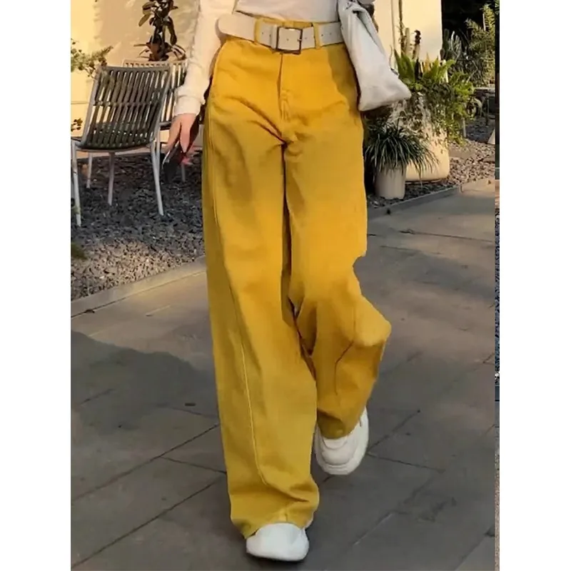 جينز Scimitar أصفر عصري للنساء، سروال أنيق للتخسيس وفضفاض متعدد الاستخدامات للخريف