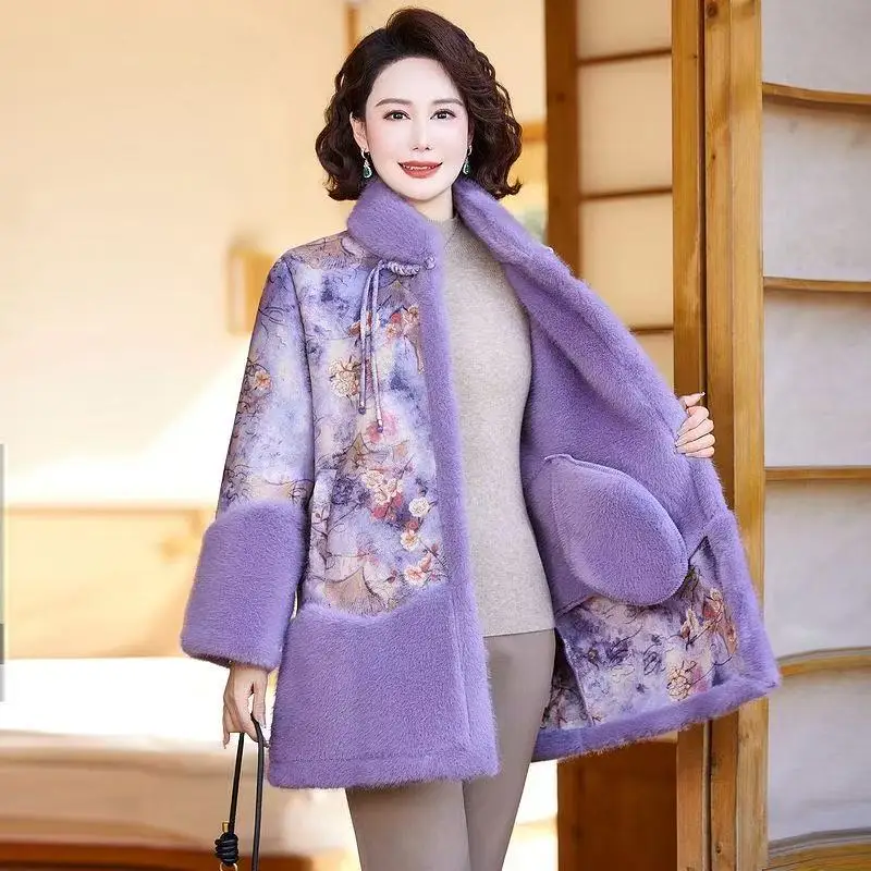 

Высококачественная зимняя куртка из искусственного меха норки для женщин среднего и пожилого возраста, утепленная, в национальном стиле, цельная шуба-пальто