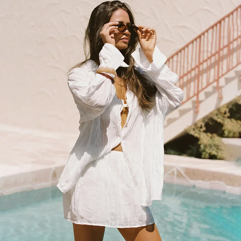 

Ticketsx Fashion Ruched Dress Set Spring Summer Lapel Loose See Through Blouse Mini Skirt Set Casual Commute Vacation Dress Set