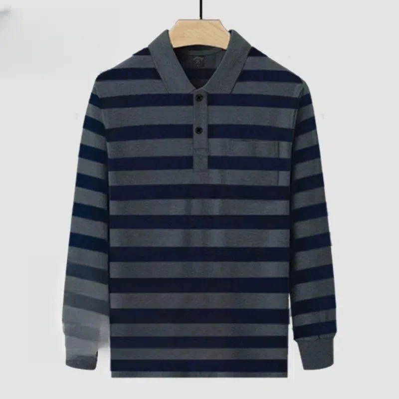 Men\'s Clothing Spring Autumn Turn-down Collar Long Sleeved Striped Button Contrast Color T-shirt Formal Casual Fashion Tops
