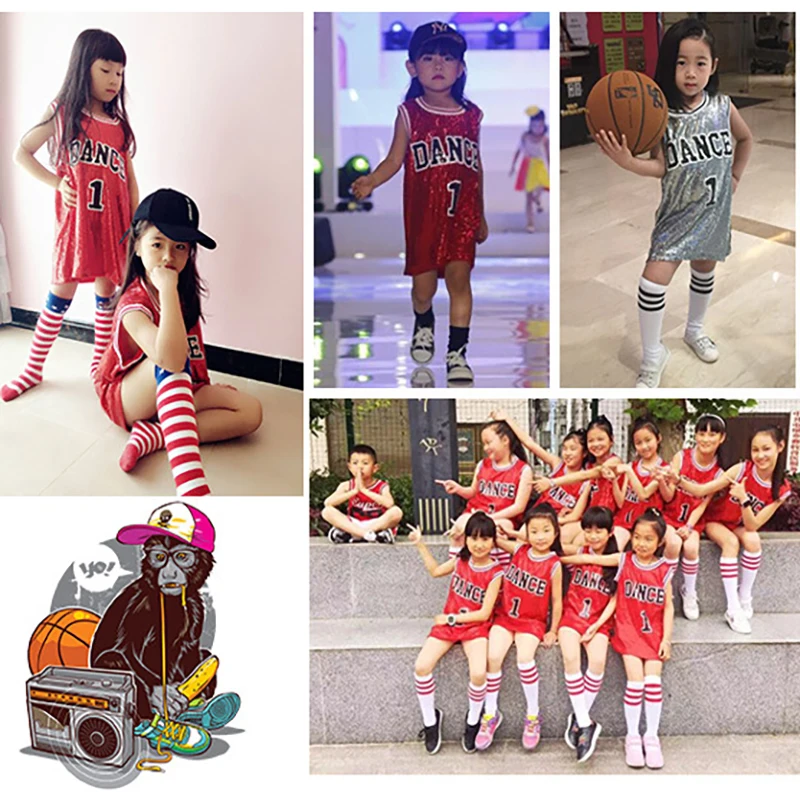 Sequin Jazz Dance Costume Child Summer Girls Hiphop Tshirt Tee Shirt Korean Style Dress Girls Kids Long Modern Hip Hop Costume