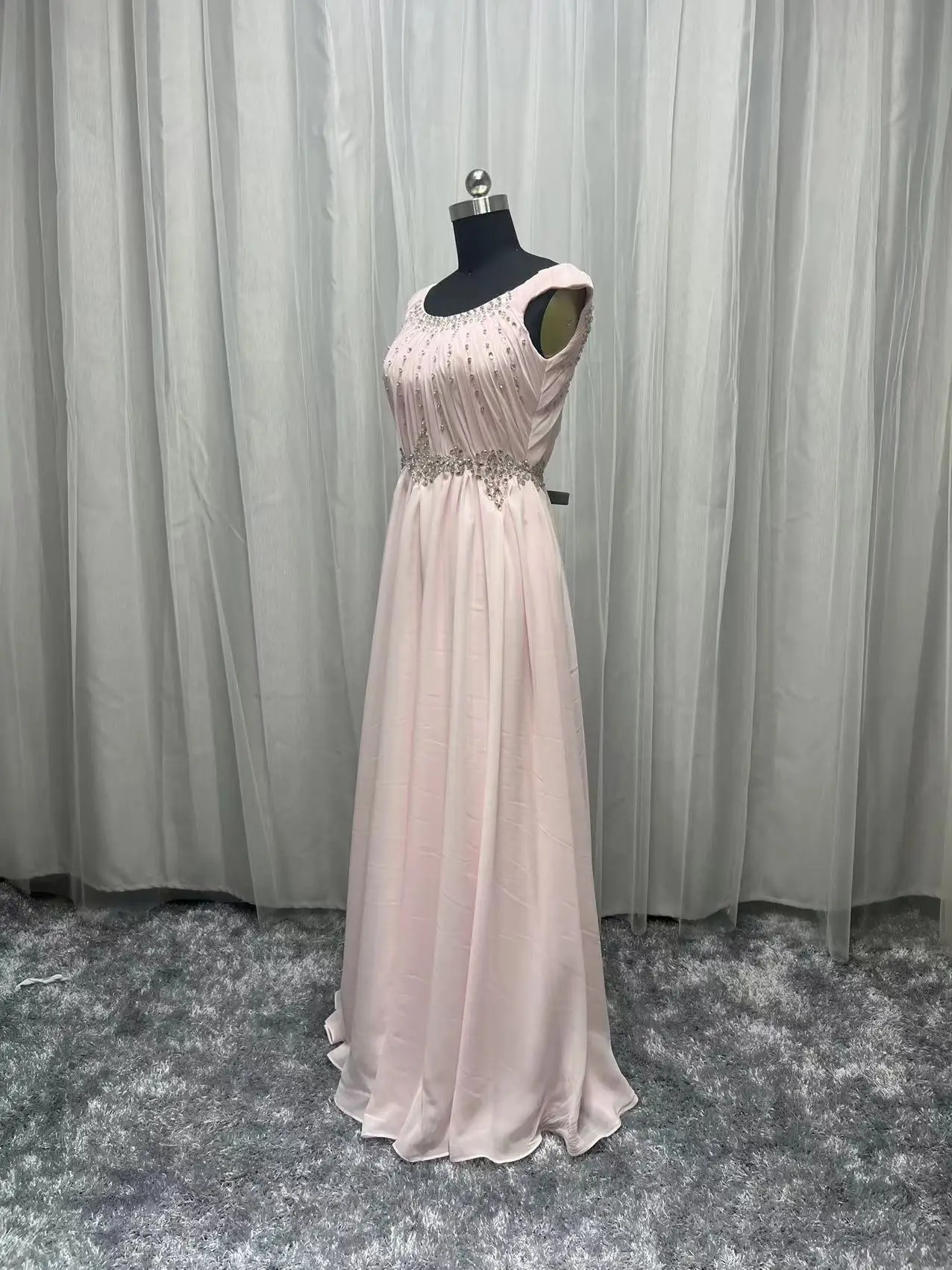 2022 Real Photo Light Pink Chiffon Prom Gown Floor Length Formal Evening Dresses Beaded Custom Made Party Dress