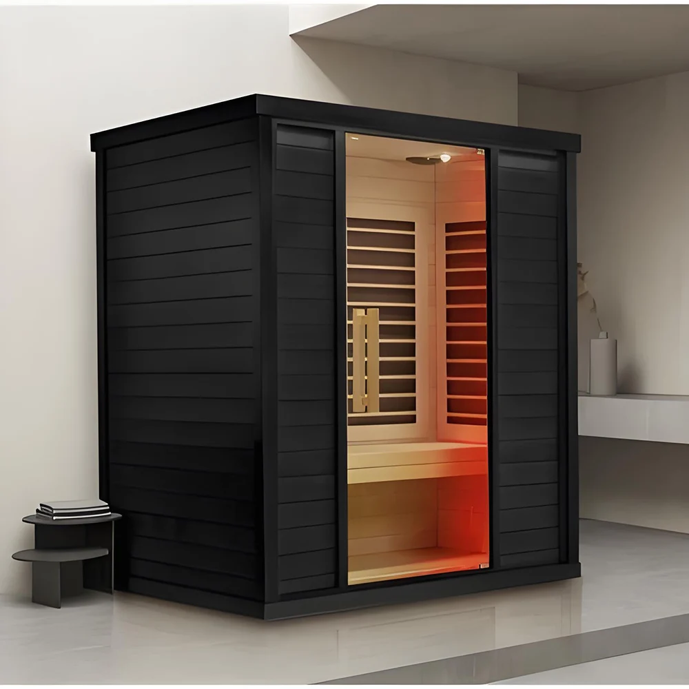 Sala de sauna interna sofisticada e luxuosa de infravermelho distante com experiência de sauna premium de vidro temperado