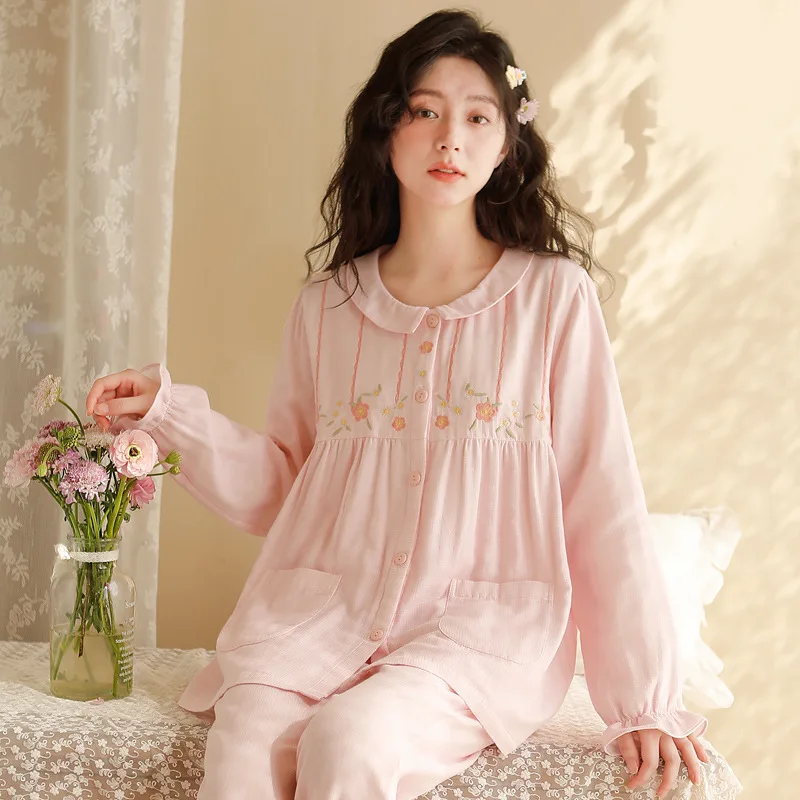 Sweet Cotton Pajama Sets For Lady Floral Print  Long Sleeve Cardigan  Loose Pyjamas Spring Summer Nightwear