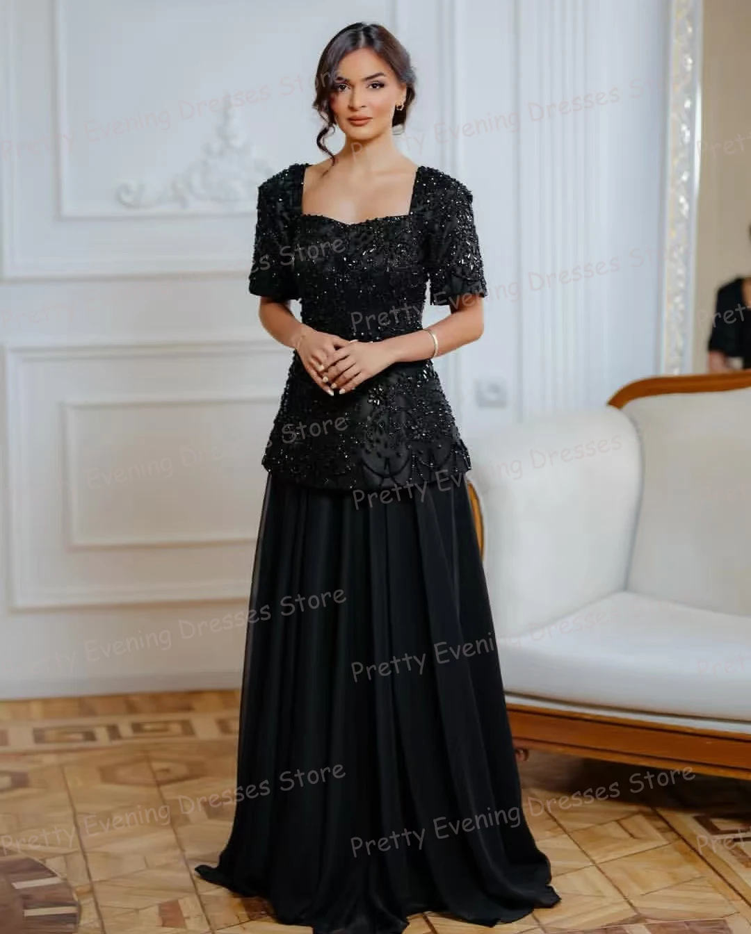 

Luxury Black A Line Evening Dresses Woman Short Sleeve Fashion Prom Gowns Backless Formal Party Customized Vestidos De Novia