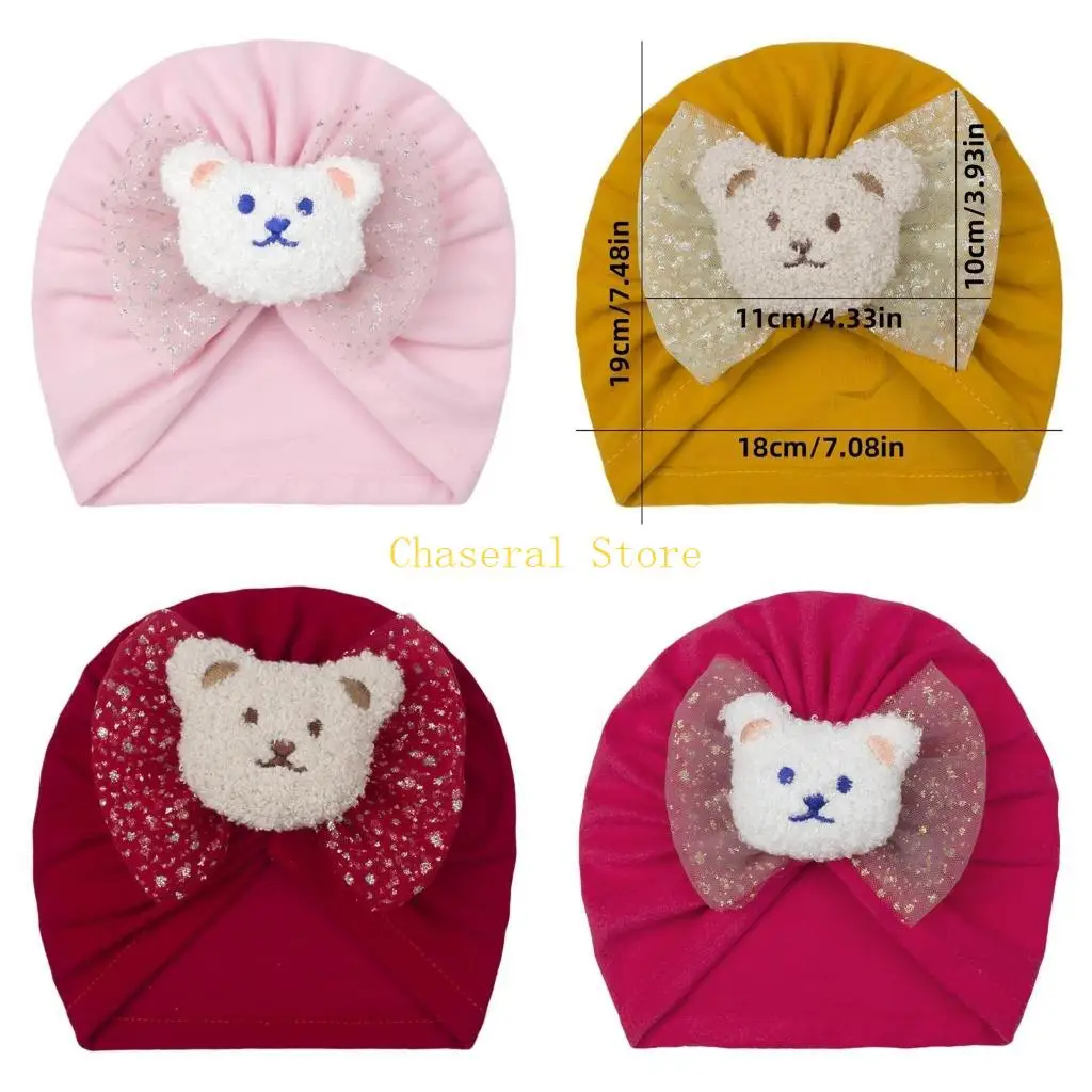 

E7CE Toddlers Elastic Caps 3D Bear Decors Baby Indian Hat Trend Bowknot Bonnet
