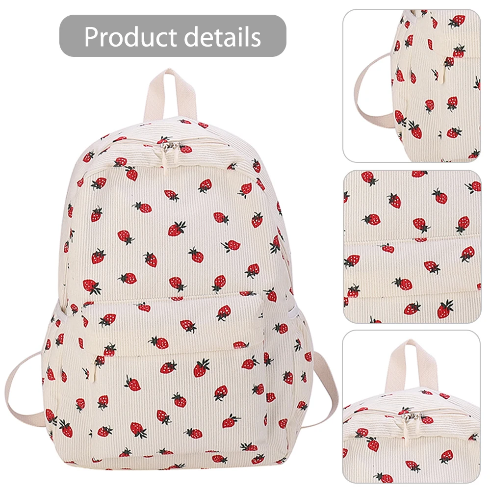 Corduroy Strawberry Backpack Students School Bag Large Capacity Trendy Book Bag Multi-pockets Adjustable Strap for Women Girls