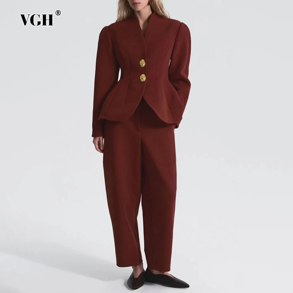 

VGH Modern Office Two Piece Set for Women V Neck Long Sleeve Patchwork Button Slim Top High Waist Ankle Length Pant Suit Female